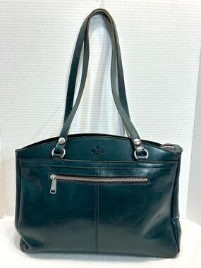 Patricia Nash Heritage Deep Green Genuine Leather Tote Bag Double Handle VTG EUC